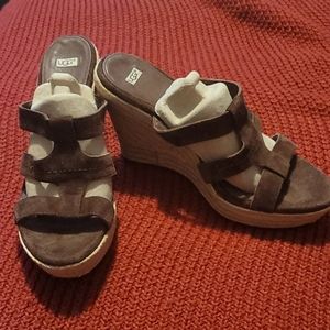 UGG Brown Suede Strappy Wedge Heel Sandal - 12M